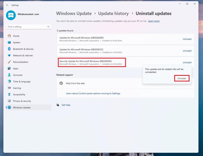 Uninstall updates page in Windows 11