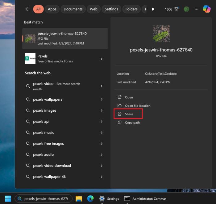 share files from taskbar search in windows 11 24h2