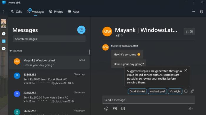 Microsoft Phone Link AI suggested replies