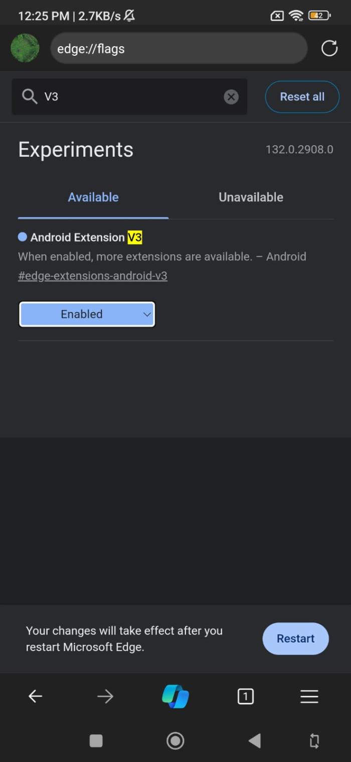 enabling android extensions v3 in edge canary using experimental flags