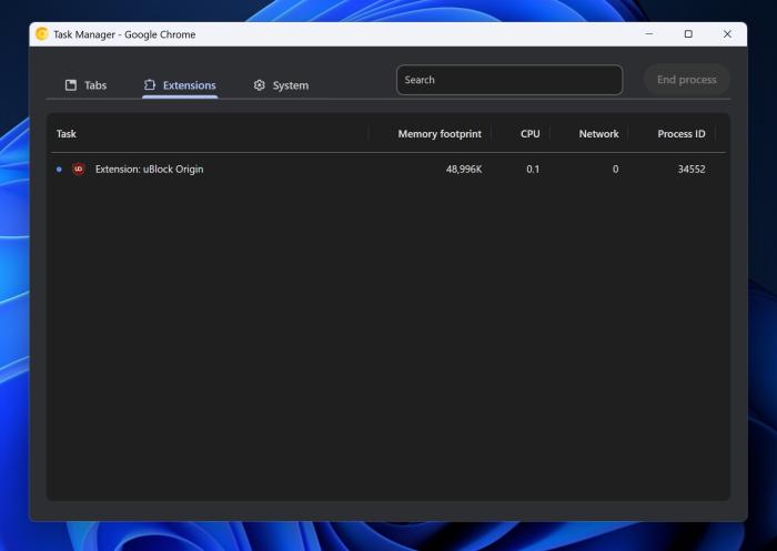Chrome Task Manager extensions tab