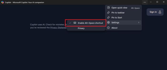 disabling the alt space shortcut in copilot app