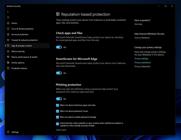 Phishing protection in Windows 11