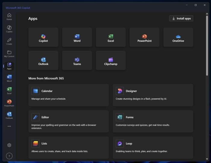 Microsoft 365 Copilot apps tab