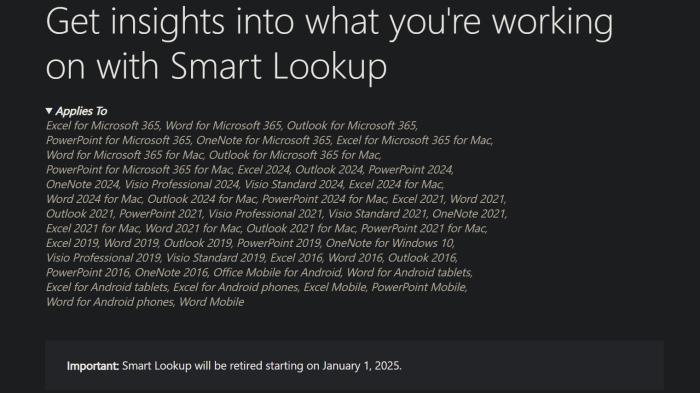 Smart Lookup retired in Word