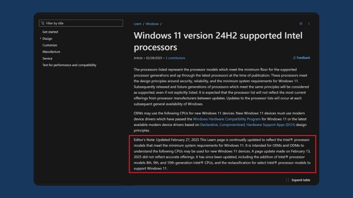 Microsoft confirms Windows 11 24H2 works with older Intel CPUs, refutes rumours