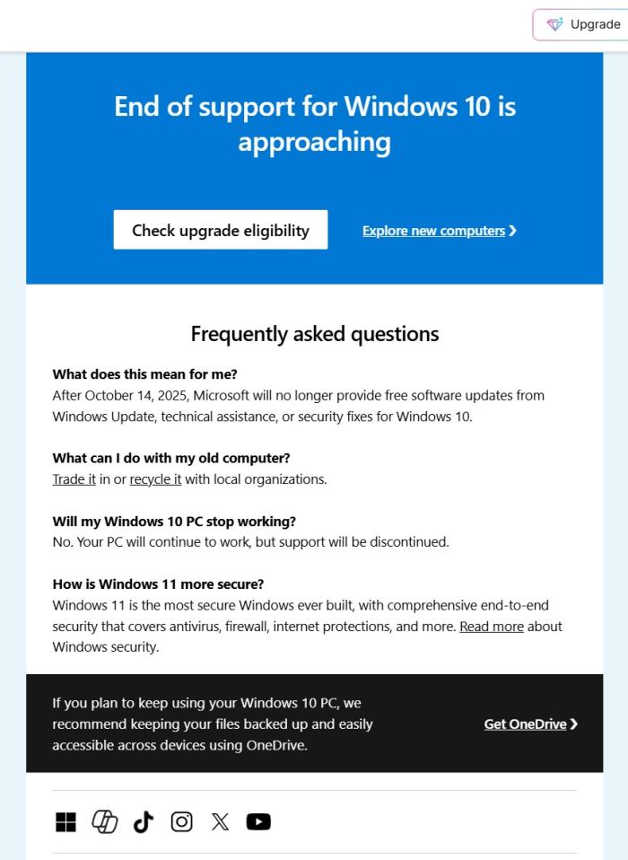 Microsoft emails Windows 10 deadline warning, urges Windows 11 upgrade
