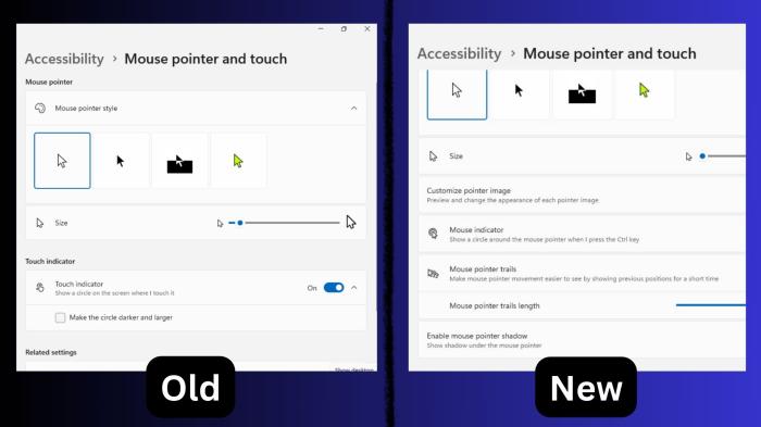 old and new mouse settings page in windows server
