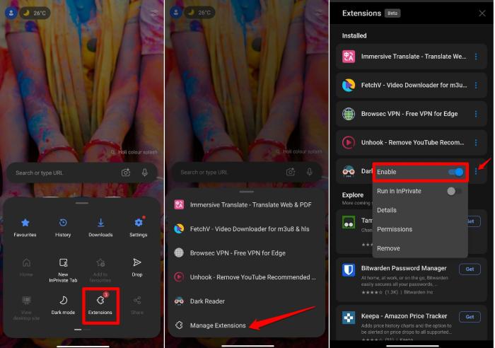 how to enable extensions in Edge browser Android