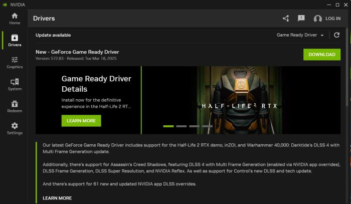 Nvidia GeForce driver 572.83 black screen