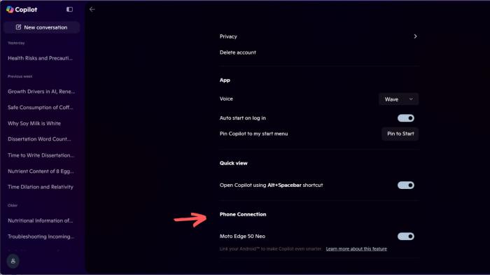 Phone Connection toggle in Copilot