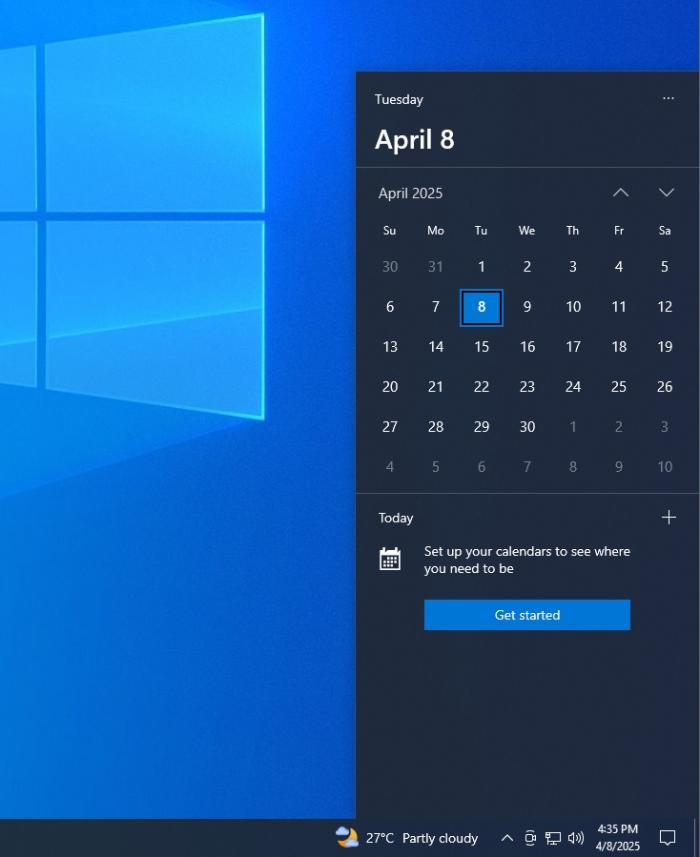 Windows 10 KB5055518 with new Calendar flyout