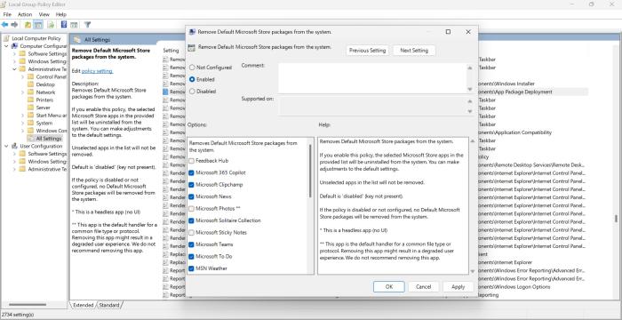 confguring Remove Default Microsoft Store packages from the system