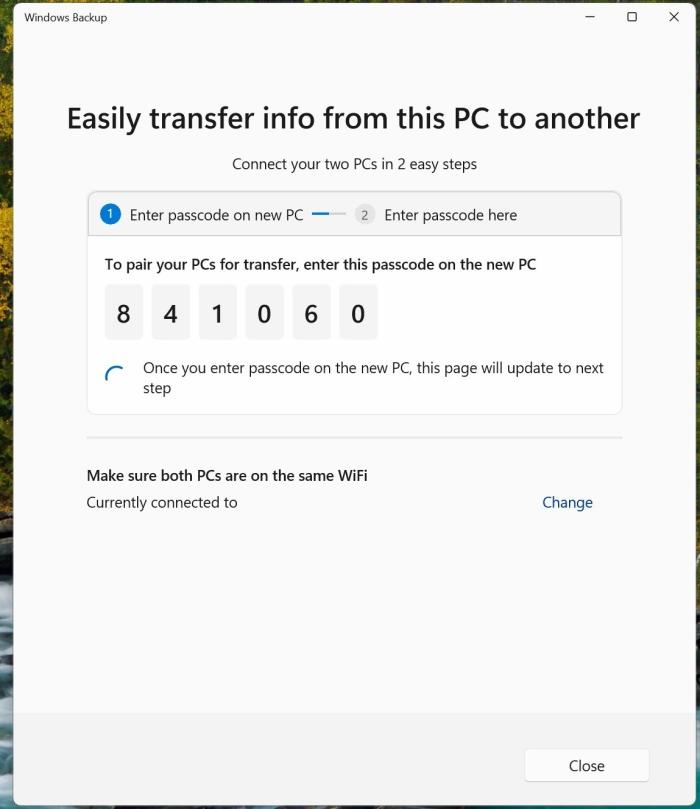 File transfer using Backup app on Windows 11