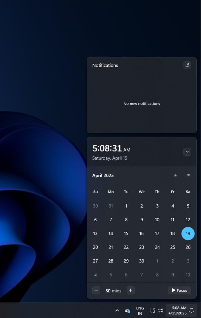 Windows 11 Clock in Notification Center