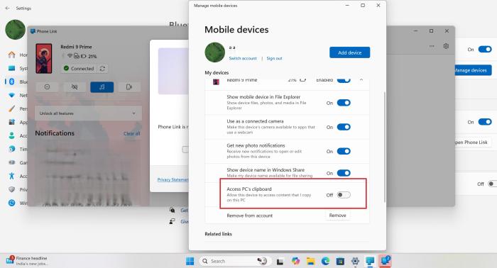 enable clipboard sync feature mobile devices windows 11 25h2