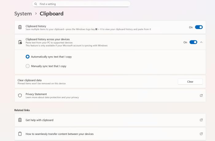 clipboard history settings windows 11