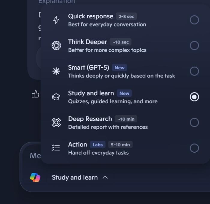 Copilot Study mode toggle