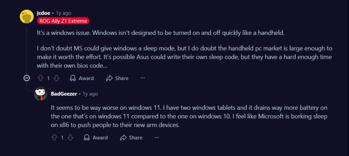 Users complaining about the Sleep issue in Windows 11 in Gaming handhelds