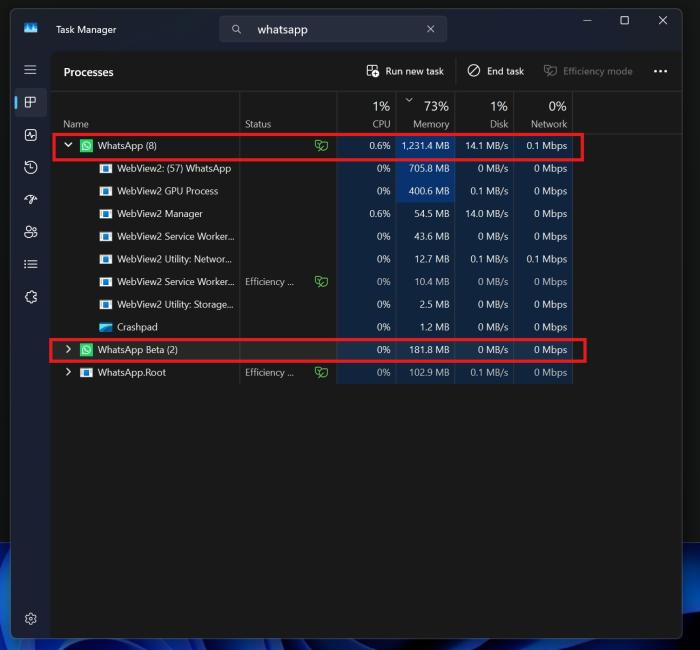 WhatsApp for Windows RAM usage