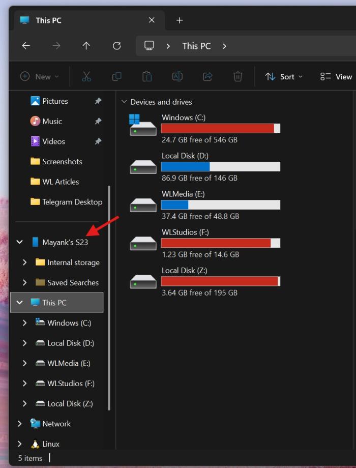 文件资源管理器侧边栏中的移动设备